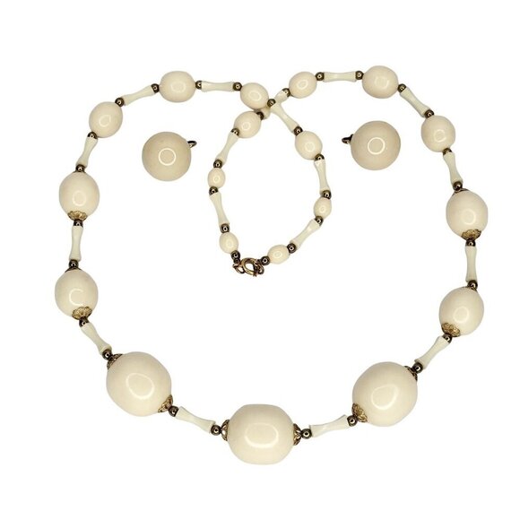Vintage Ivory Gold Beaded Necklace Clip On Earrings Gold Filigree Bead Caps 30" - Picture 1 of 4